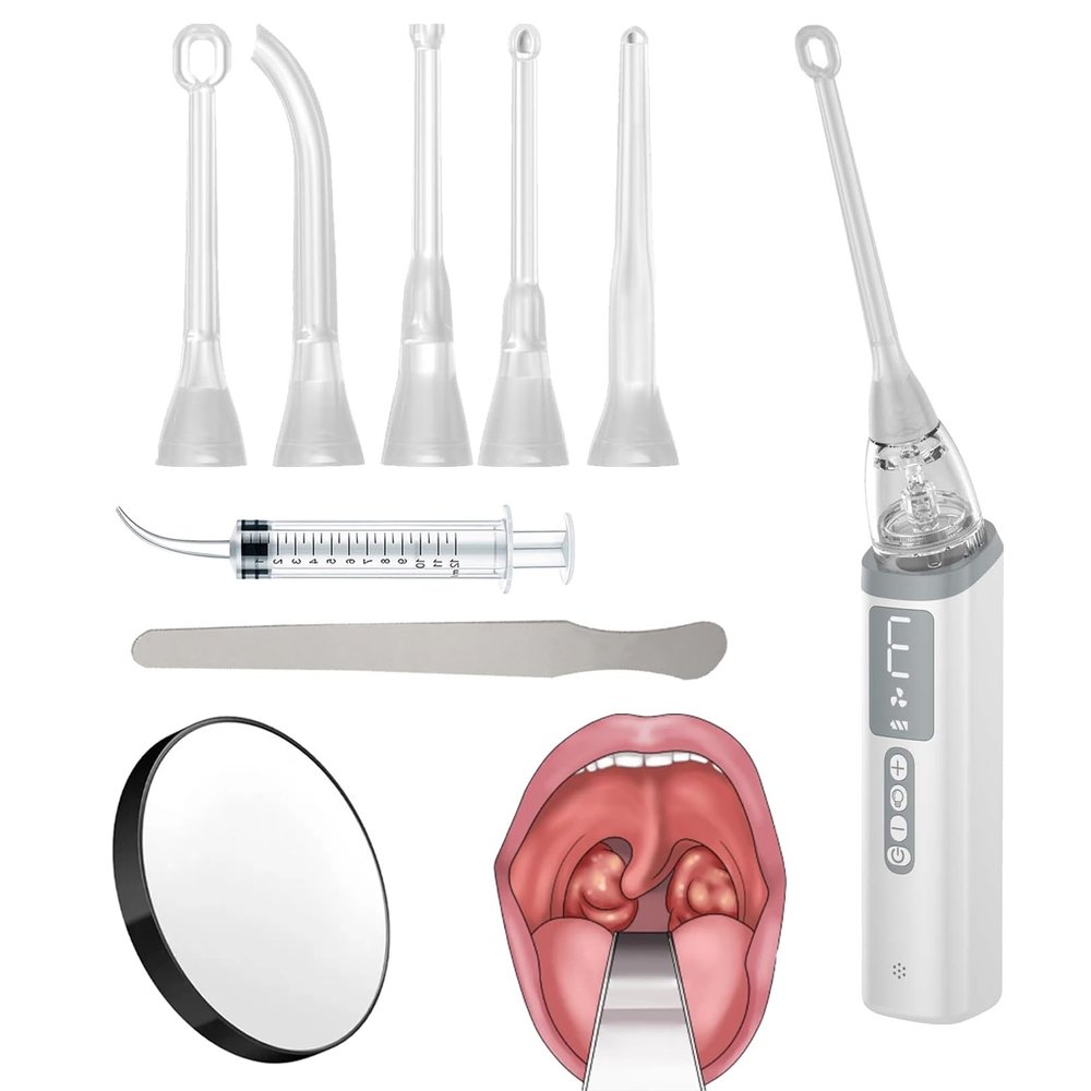 IINCOOY Tonsil Stone Remover Kit, Vacuum Electronic Tonsil Stone Removal Kit with Oral Irrigator Tonsil Stones Syringe Tongue Depressor 5X Magnifying Mirror(A)