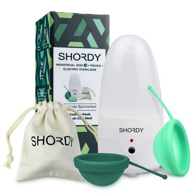 Shordy Menstrual Disc (2-Pack) with Electric Sterilizer Small and Large Reusable Period Disc Starter Kit 12-Hour Leak-Free Protection Soft Medical Grade Silicone