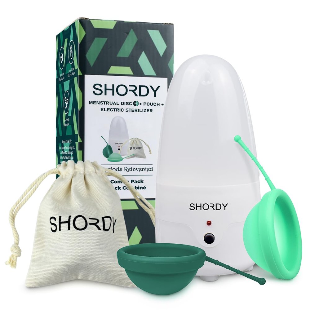 Shordy Menstrual Disc (2-Pack) with Electric Sterilizer Small and Large Reusable Period Disc Starter Kit 12-Hour Leak-Free Protection Soft Medical Grade Silicone