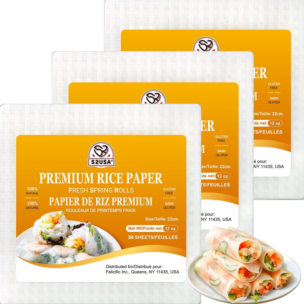 52USA Square Rice Paper, 3 Pack, White Rice Paper Wrappers, Fresh Spring Roll Wrappers & Dumplings-102 Sheets, Gluten-Free Wonton Wrappers, Vegan, Low Carb, Vietnamese Rice Wraps (22cm, 36 oz)