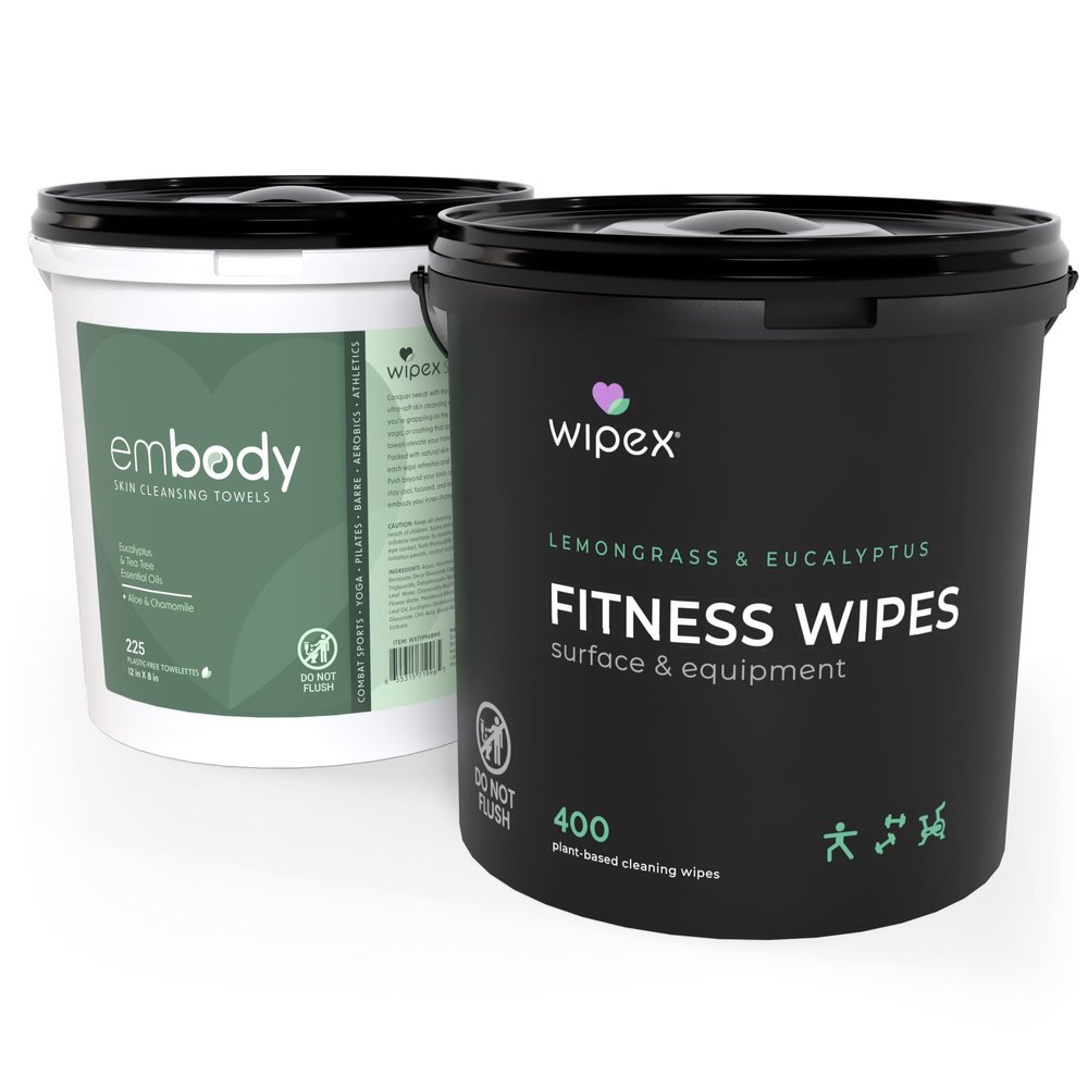 Wipex Gym Cleaning Wipes Bundle - Get (1) 400ct Lemongrass Surface Wipes & (1) 225ct Body Cloths for After Workout, Plant-Based Fitness Equipment Wipes, Clean Surfaces & Mats and Peloton Bike