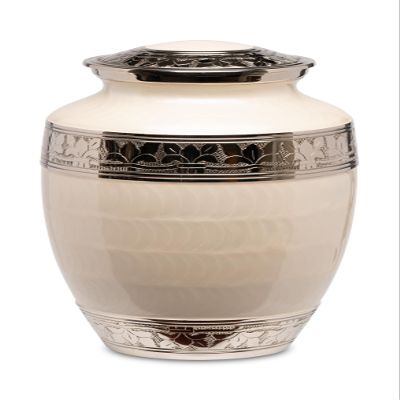 Adult Brass Urn for Human Ashes - White Enamel Pattern - Phoenix Memorials Eternity Cremation Urns - with Silver Etched Band Threaded Lid - Memorial, Funeral, Burial, Cemetery, or Home Decorative Urn