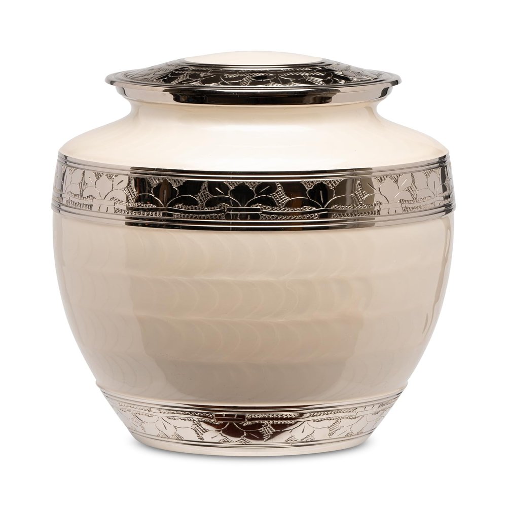 Adult Brass Urn for Human Ashes - White Enamel Pattern - Phoenix Memorials Eternity Cremation Urns - with Silver Etched Band Threaded Lid - Memorial, Funeral, Burial, Cemetery, or Home Decorative Urn