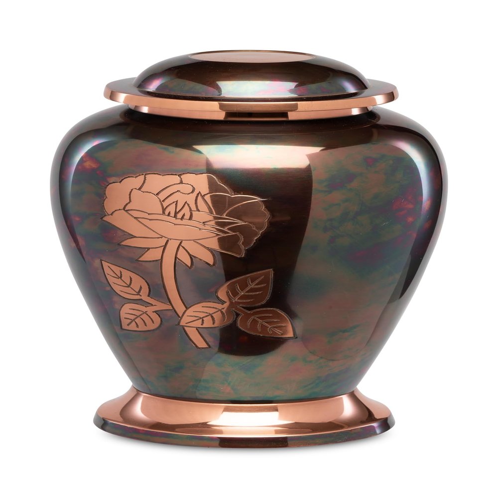 Adult Brass Urn for Human Ashes - High Polish Brown Copper - Phoenix Memorials Remembrance Cremation Urns - with Rose Flower Etching - Memorial, Funeral, Burial, Cemetery, or Home Decor Urns