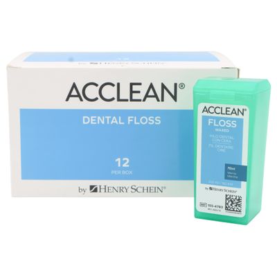 Acclean Dental Floss, Shred Resistant Nylon, Waxed, 200 Yards of Dental Floss, Mint Flavored, Office Size, 12/Bx