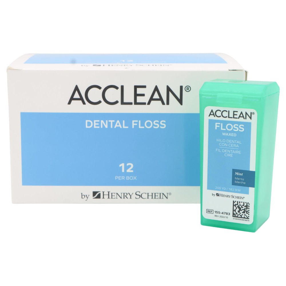 Acclean Dental Floss, Shred Resistant Nylon, Waxed, 200 Yards of Dental Floss, Mint Flavored, Office Size, 12/Bx