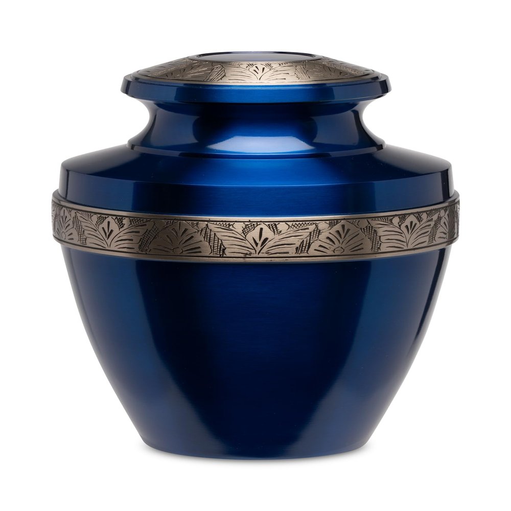 Adult Brass Urn for Human Ashes - Polished Blue Pewter - Phoenix Memorials Atlantis Etched Cremation Urns - with Decorative Etching - Memorial, Funeral, Burial, Cemetery, or Home Decorative Urns