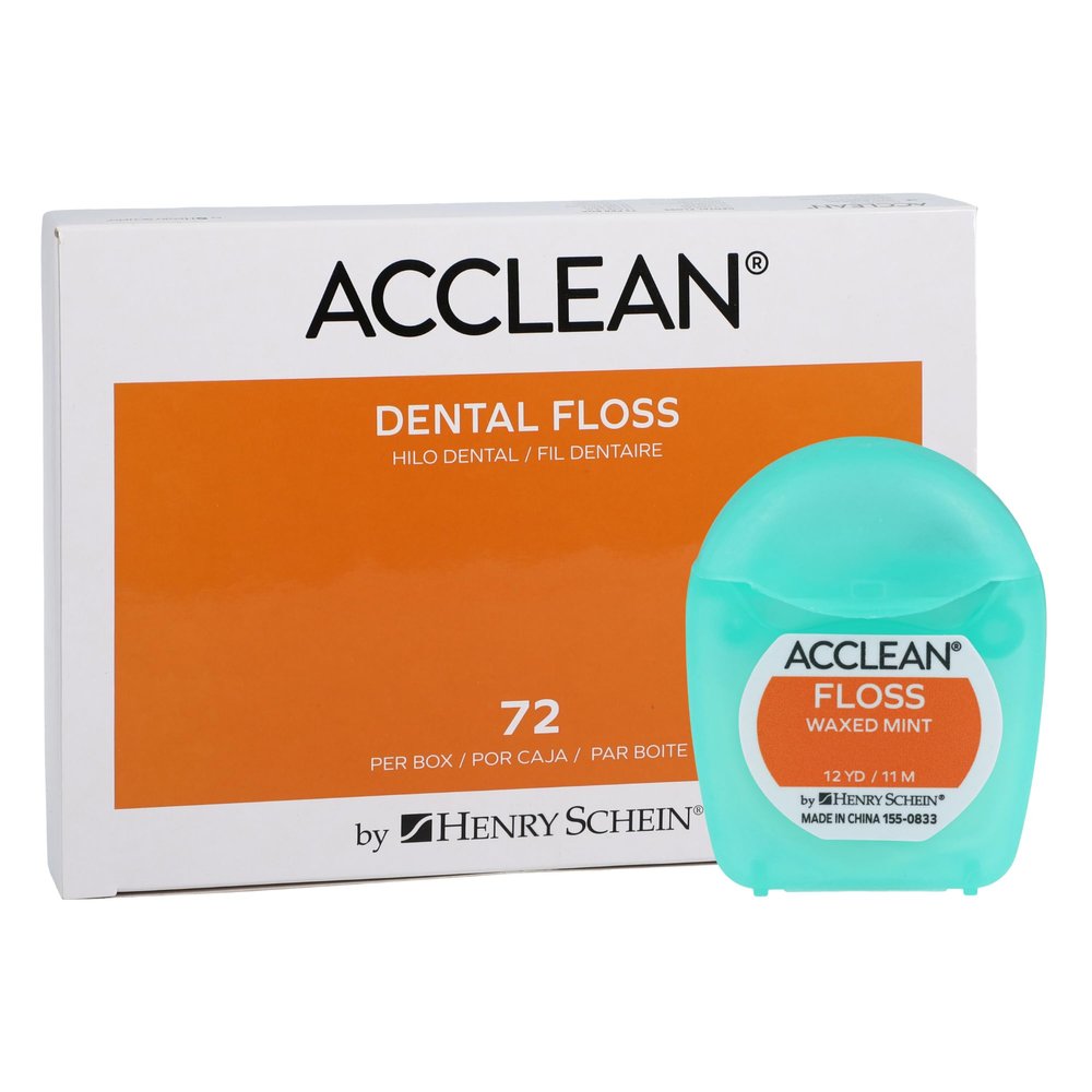 Acclean Dental Floss, Nylon, Waxed, 12 Yards, Mint Flavor, Patient Size, 72 Count