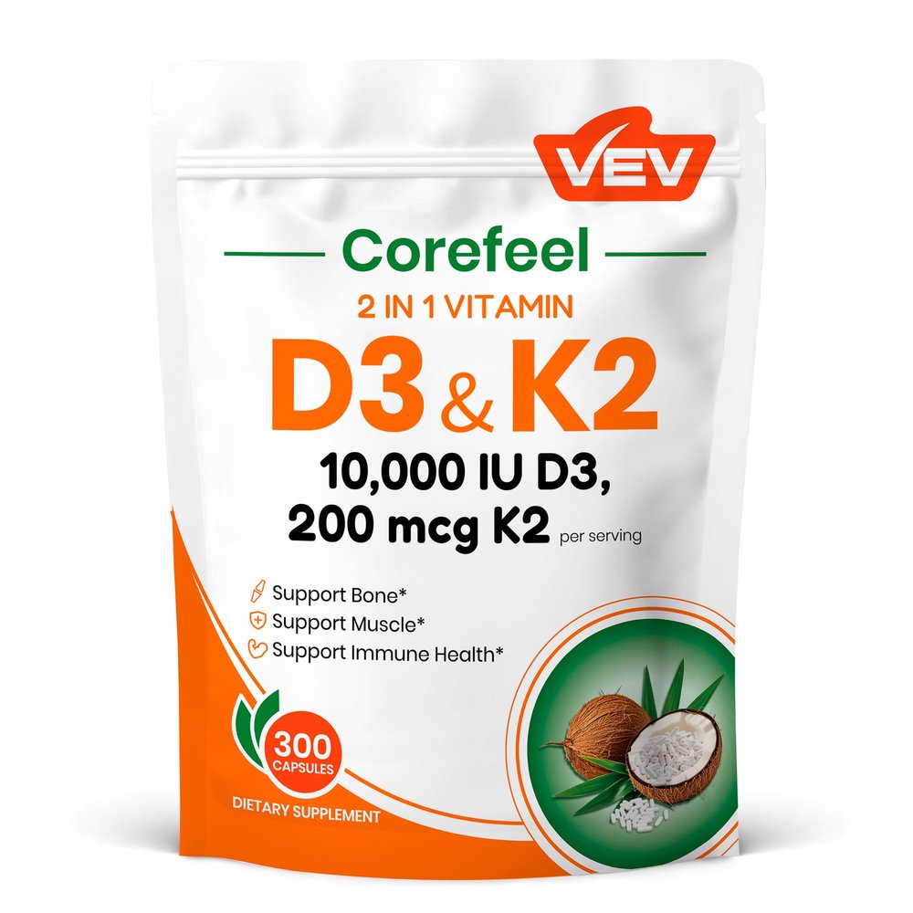 VEV Corefeel Vitamin D3 K2, 10,000 IU D3, 200mcg K2 (with MK7), Supports Bone and Teeth Health, Dual Nutrient Support for Daily Wellness, Easy to Swallow 300 Capsules