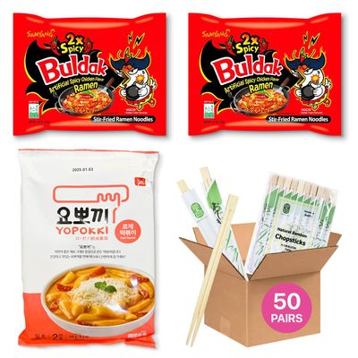2x Spicy Buldak Ramen (2 packs) & Yopokki Tteokbokki Rose Flavor (Serves 2) Korean Food Bundle with 50 Bamboo Chopsticks