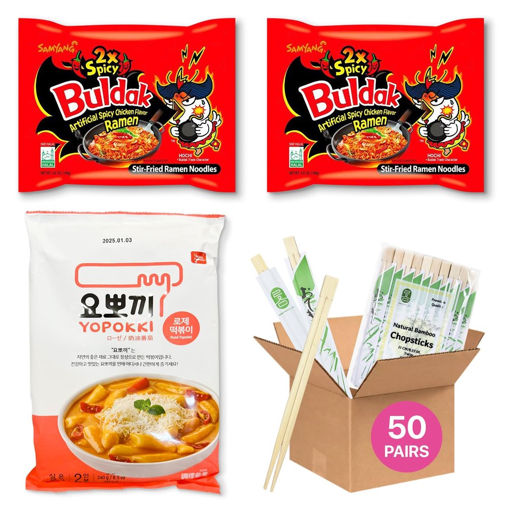 2x Spicy Buldak Ramen (2 packs) & Yopokki Tteokbokki Rose Flavor (Serves 2) Korean Food Bundle with 50 Bamboo Chopsticks