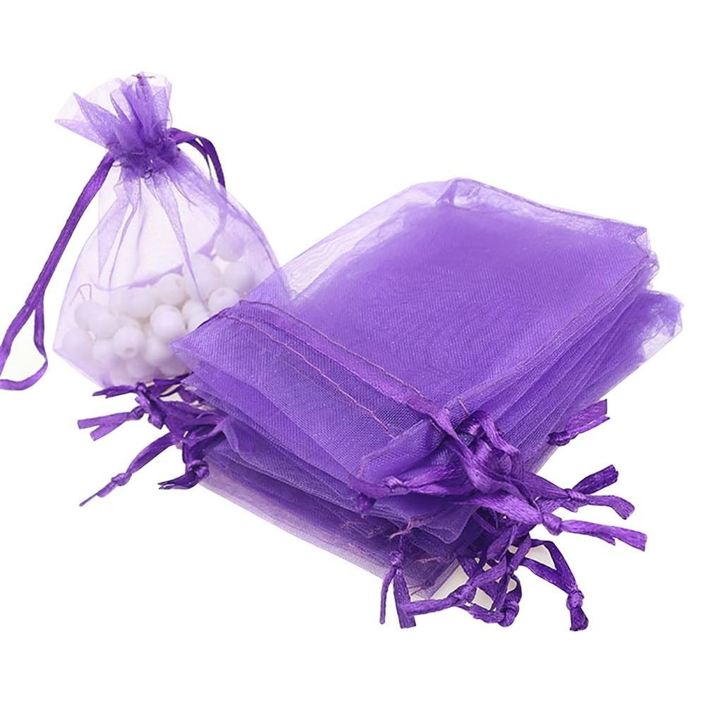 100 Pcs Christmas Organza Bags, Sheer Organza Bags Jewelry Gift Bags Mesh Organza Jewelry Bags Mini Candy Bags for Wedding Party Christmas Festival (Purple)