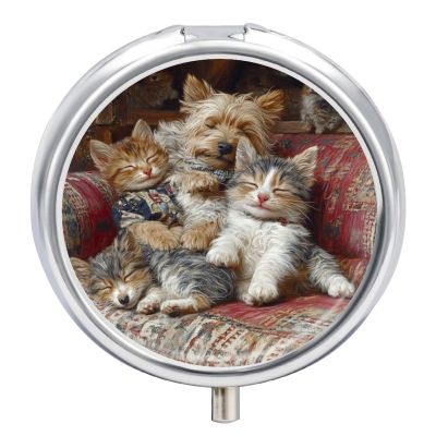 Small Travel Pill Case, Round Metal Pill Box for Pocket Purse, 3 Compartment Portable Pill Holder, Mini Pill Organizer for Travel or Daily - cat