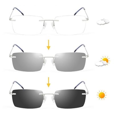 GSKDZG Rimless Reading Glasses Photochromic Readers Men Women Stylish Sunglasses Rectangle Presbyopic Glasses Lightweight(+3.0)
