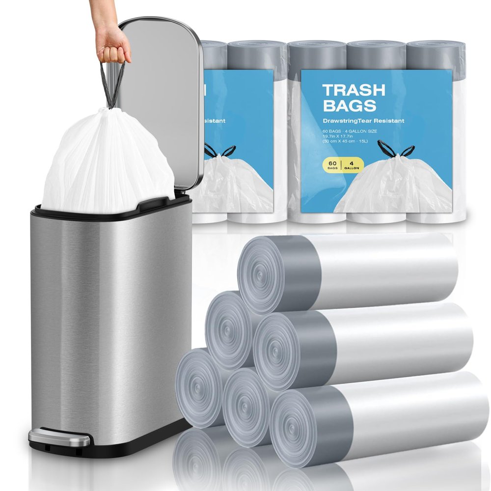 KSSKSS 2.6 Gallon Mini Drawstring Trash Bags, Small Garbage Bags by KSSKSS, Code a fit 10-15 Liter, 2.6-4 Gal, White Trash Bin Liners for Home Office Kitchen Bathroom Bedroom, 120 Counts