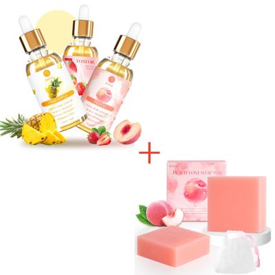 3PCS Yoni Oil & 2 Yoni Soap for Women, Ph Balance Remove Odor, Peach Strawberry Pineapple Essential Oil 1 fl oz/pc, 3.53OZ Essential Oil Soap