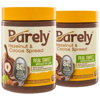 Hazelnut & Cocoa Spread by Barely, Low Sugar & No Artificial Sweeteners, Vegan, Keto Friendly, Delicious Chocolate Spread & Dessert Dip  High in Fiber with just 3.2 g Cane Sugar per Serving (2-Pack)