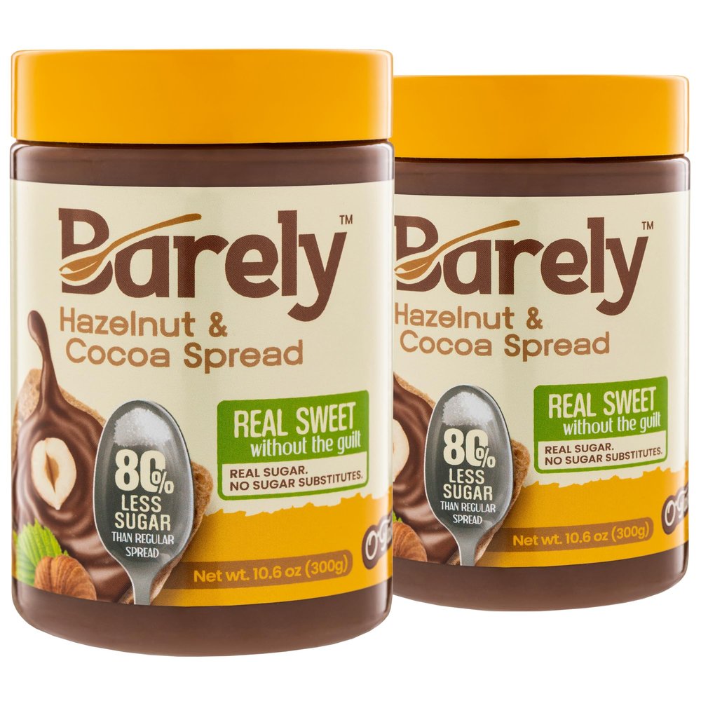 Hazelnut & Cocoa Spread by Barely, Low Sugar & No Artificial Sweeteners, Vegan, Keto Friendly, Delicious Chocolate Spread & Dessert Dip  High in Fiber with just 3.2 g Cane Sugar per Serving (2-Pack)
