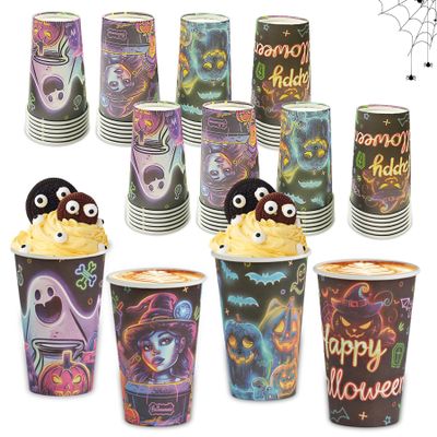 48 Pack Halloween Disposable Cups -16OZ Neon Glow Disposable Halloween Paper Cups Set 4 Styles for Trick or Treat Party Supplies Coffee Wine Juice and Hot Cold Drinks