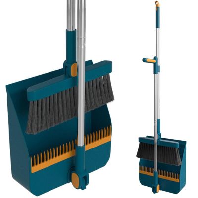 Broom and Dustpan Set for Home Folding Cleaning Tools Upright Stand Up Broom and Dustpan Combo for Office Home Kitchen Lobby Indoor Floor Cleaning Use,Blue(A)