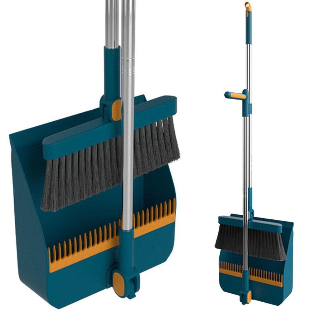 Broom and Dustpan Set for Home Folding Cleaning Tools Upright Stand Up Broom and Dustpan Combo for Office Home Kitchen Lobby Indoor Floor Cleaning Use,Blue(A)