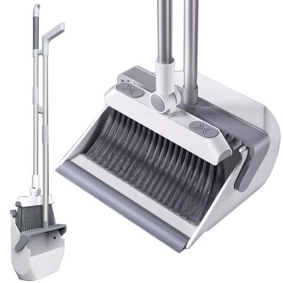 180 Rotatable Long Handle Broomstick Broom with Dustpan Combo Set Standing Dust Pan and Broom Set for Office Home Kitchen Lobby Floor Cleaning, Lightweight Aluminum Alloy