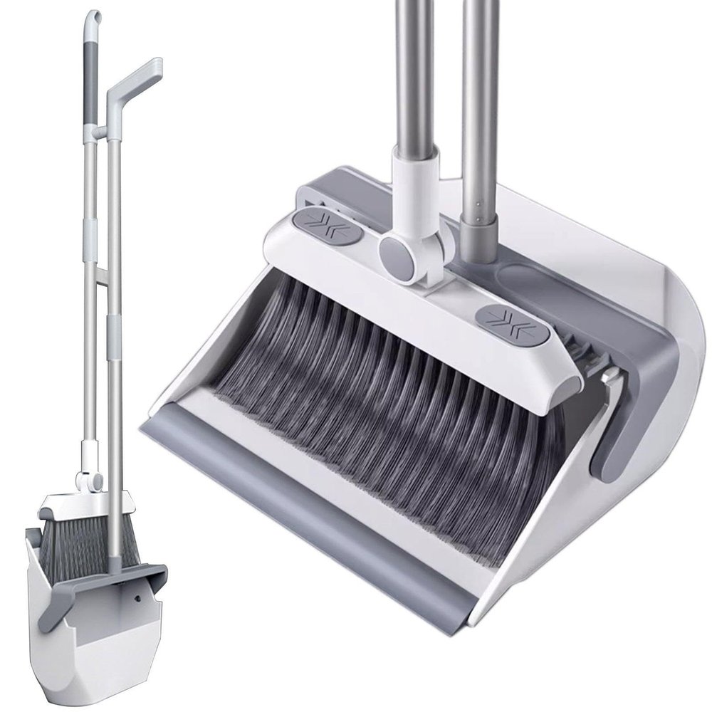 180 Rotatable Long Handle Broomstick Broom with Dustpan Combo Set Standing Dust Pan and Broom Set for Office Home Kitchen Lobby Floor Cleaning, Lightweight Aluminum Alloy