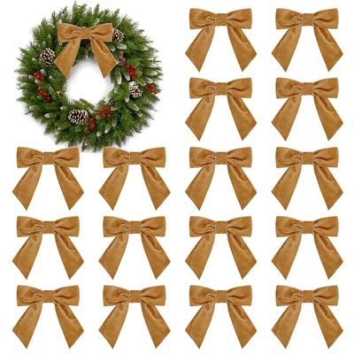 16Pcs Christmas Velvet Bows, 4.3" Vintage Velvet Ribbon Bows for Christmas Tree Garland Wreath Gift Wrapping DIY Crafts Wedding Decor (Khaki)