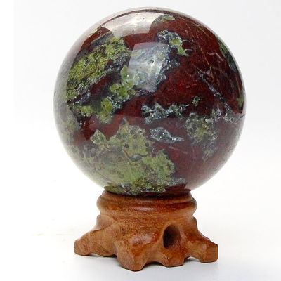 60mm Natural Dragon Blood Stone Sphere with Wood Stand Healing Crystal Ball Mineral Gemstone Divination Energy Chakra Sculpture Figurine for Fengshui