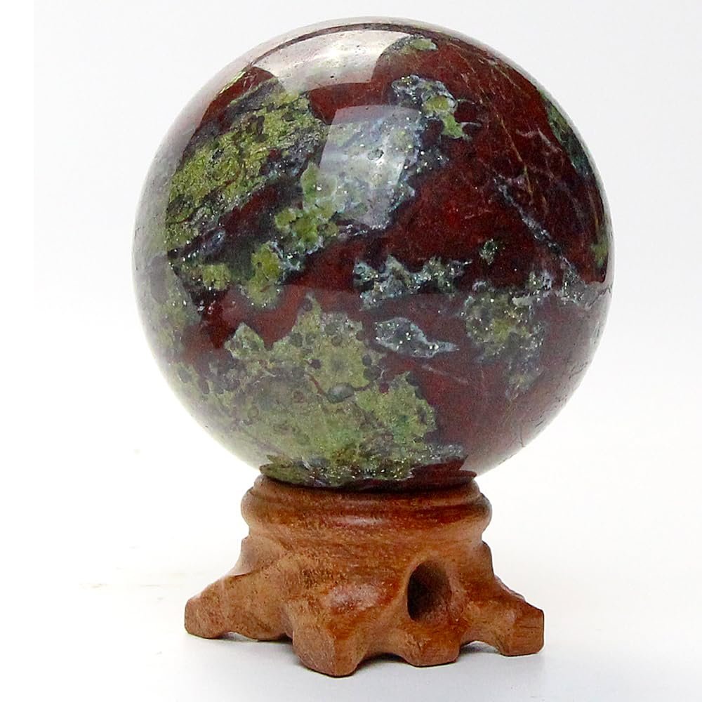 60mm Natural Dragon Blood Stone Sphere with Wood Stand Healing Crystal Ball Mineral Gemstone Divination Energy Chakra Sculpture Figurine for Fengshui