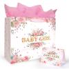 13'' Large Pink Floral Gift Bag for Baby Girl - Includes Wrapping Paper, Pink Tissue Paper, and Card for Newborn Gifts, Showers, Birthdays, and Celebrations view 1