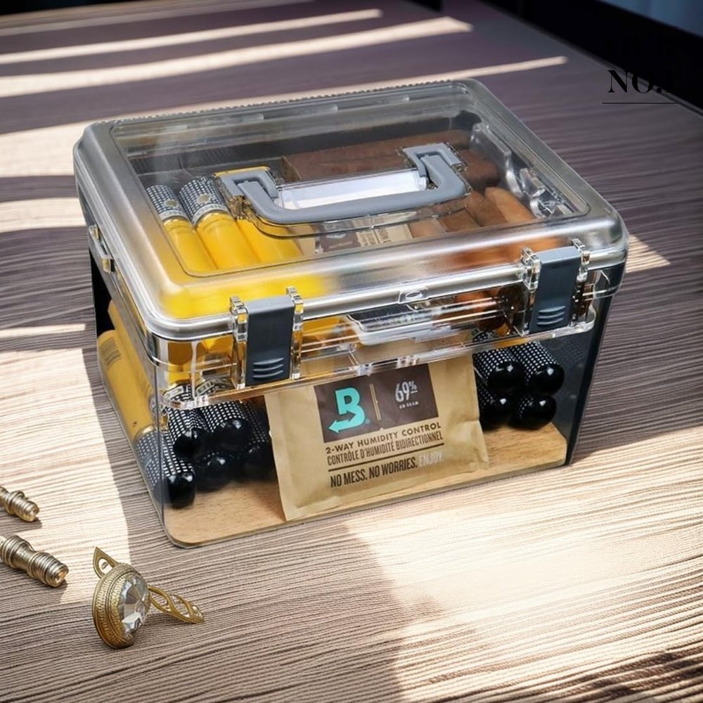 Dual Layer Cigar Humidor Box - Sealed, Temperature Humidity Control, Transparent for Easy Observation - Cedar Wood for Cigar Aging -Includes Hygrometer and 69% Humidification Packs - Large Capacity