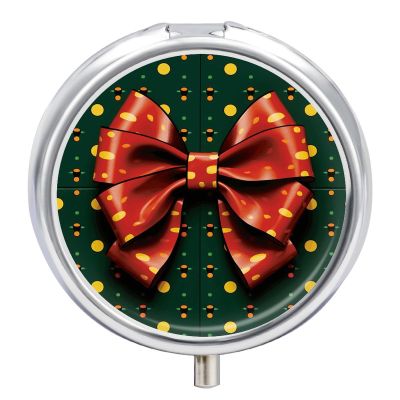 Wrapping Paper with Bow Pill Box Cute Round Pill Case Portable Medicine Tablet Vitamin Holder Organizer for Purse Pocket