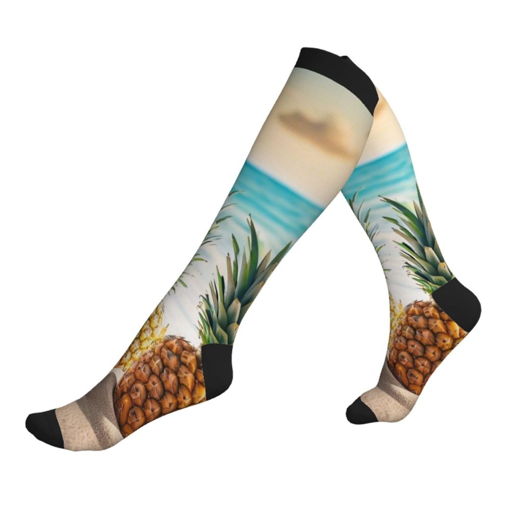 MHGDC Pineapples on the Summer Beach Printed Sports Compression Socks,Travel Wide Calf Graduated Support Socks for Women Mens 15-20mmHg