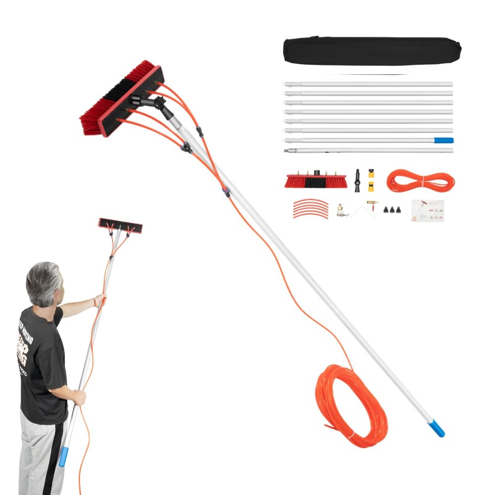 6ft Water Fed Pole Kit Water Fed Brush for Window Solar Panel Cleaning Washing Telescoping Extension Pole,Stretch Range (3.28-26.25ft), Window Squeegee & Scrubber Combo W/Pivot System