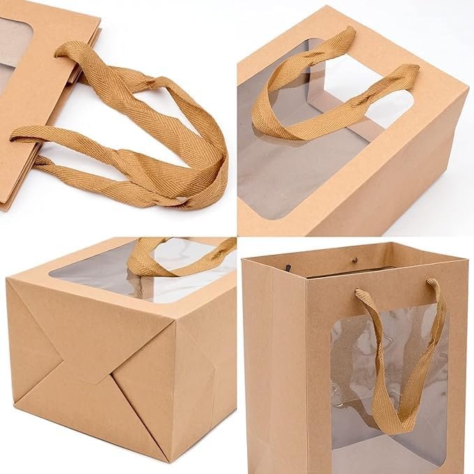 10 pieces of 5.1 * 7.1 * 9.8 inch transparent window kraft paper bags, gift bags with loose straps, handle kraft paper shopping bags, used for Mother's Day graduation birthdays, bride gift packaging, baby gift packaging, wedding gift packaging, bouqu