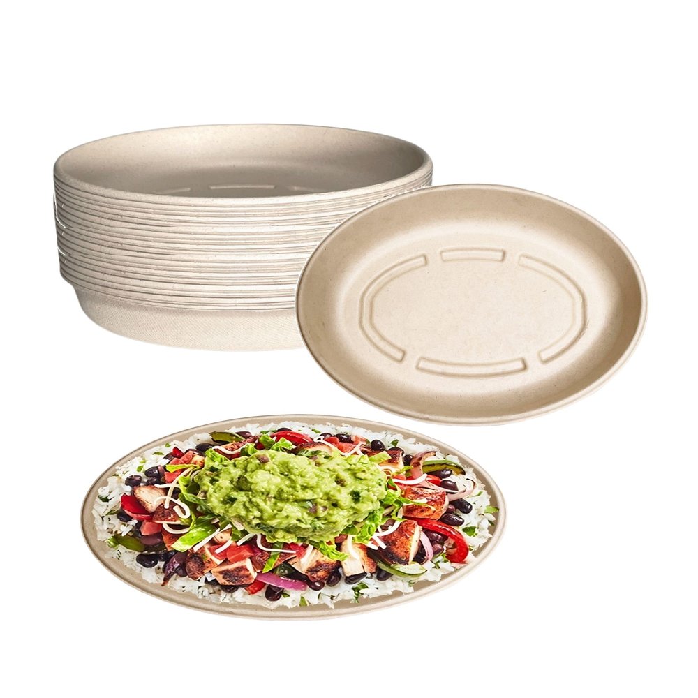 26oz Oval Disposable Compostable Paper Burrito Bowls Heavy-Duty, Eco-Friendly Oval Bowls Natural Bagasse Unbleached, Heat Resistant, 100% Biodegradable Salad Bowls Alternative to Plastic (50)