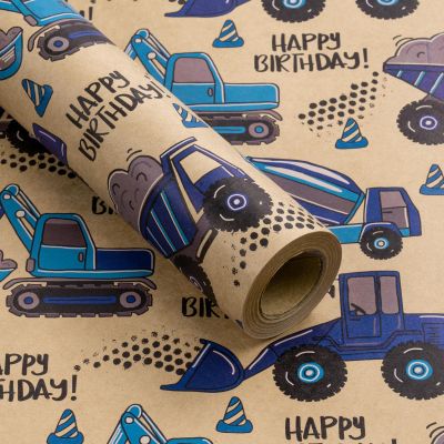 RUSPEPA Birthday Kraft Wrapping Paper Roll, Mini Roll, Blue Construction Truck and HAPPY BIRTHDAY Text Design Kraft Wrap Paper Great for Kids Boys, Truck Party, 17 Inches X 9.8 Feet