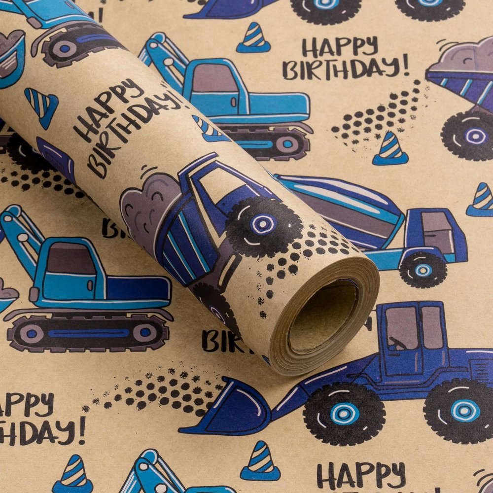 RUSPEPA Birthday Kraft Wrapping Paper Roll, Mini Roll, Blue Construction Truck and HAPPY BIRTHDAY Text Design Kraft Wrap Paper Great for Kids Boys, Truck Party, 17 Inches X 9.8 Feet