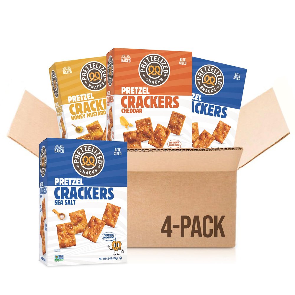 PRETZELIZED Snacks Pretzel Crackers 4 Pack Variety - (2) Sea Salt, (1) Cheddar, (1) Honey Mustard Multipack, 6.5 oz Boxes, Kosher