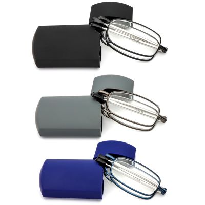 REAVEE 3 Pack Folding Reading Glasses for Men Women, Blue Light Blocking Computer Readers Spring Hinge with Small Compact Case, Black Blue Grey 1.75