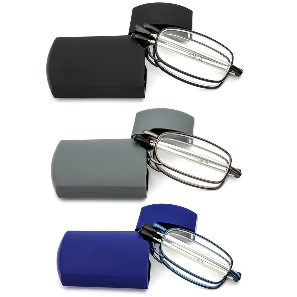 REAVEE 3 Pack Folding Reading Glasses for Men Women, Blue Light Blocking Computer Readers Spring Hinge with Small Compact Case, Black Blue Grey 1.75