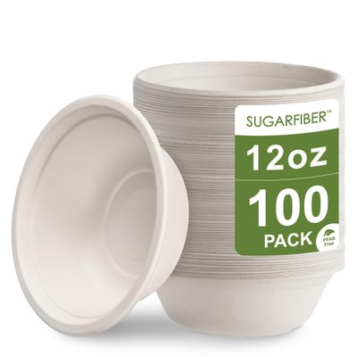 [100 Count] Harvest Pack PFAS Free 12oz White Round Paper Small Bowls - Compostable Heavy-Duty Eco-Friendly Disposable Bagasse Bowl, Sugarcane Plant fibers for Takeout Milk Cereal Dessert
