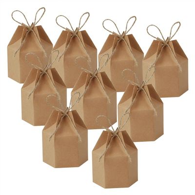 50Pack Paper Gift Boxes, Lantern Hexagon Kraft Paper Package Box with Twine, Foldable Treat Candy Boxes Gift Packing Wrap for Wedding Party Christmas