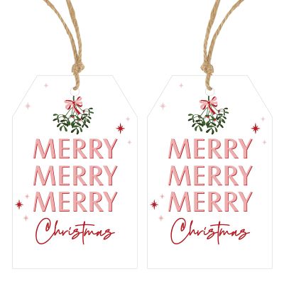 Anwyll Christmas Gift Tags with String - 50Pcs Pink Bow Merry Merry Merry Christmas Tags for Gifts Xmas Gift Tag Happy Holidays Hang Paper Label Tag for Present Wrapping Goodie Bag Holiday Party Decor