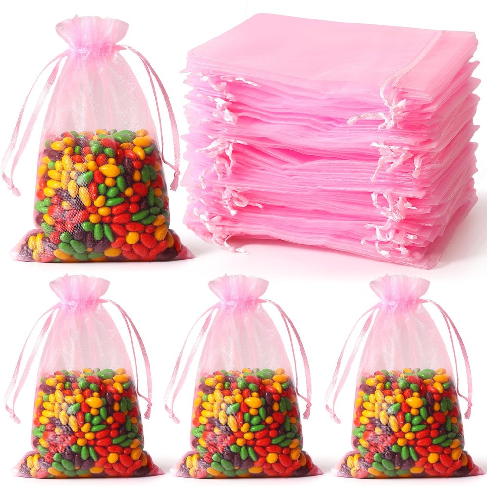WenTao 100pcs Organza Gift Bags, 4 x 6 inches Pink Wedding Christmas Favors Gift Drawstring Bags Jewelry Pouches