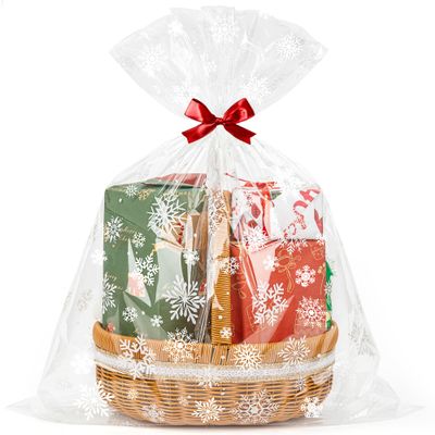 CUDICY Christmas Cellophane Gift Bags 10pcs Large Holiday Gift Wrap 24x30 Inch Clear Gift Basket Wrapping Plastic (White Snowflake)