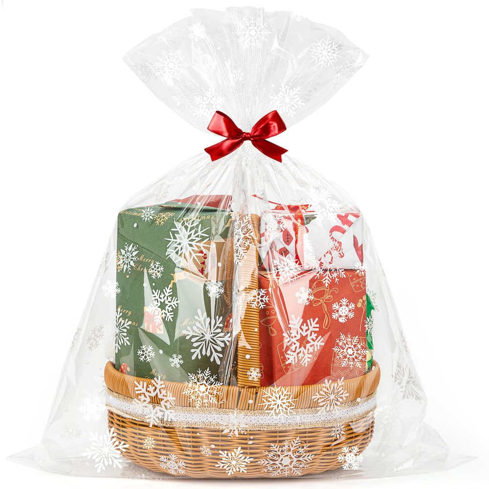 CUDICY Christmas Cellophane Gift Bags 10pcs Large Holiday Gift Wrap 24x30 Inch Clear Gift Basket Wrapping Plastic (White Snowflake)