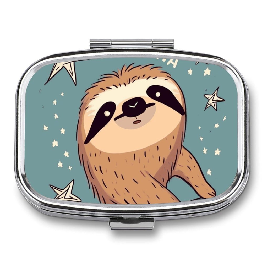 Funny Sloth Stars Square Pill Box Travel Portable Pill Case 2 Compartment Medicine Metal Tablet Vitamin Holder Organizer for Purse Pocket
