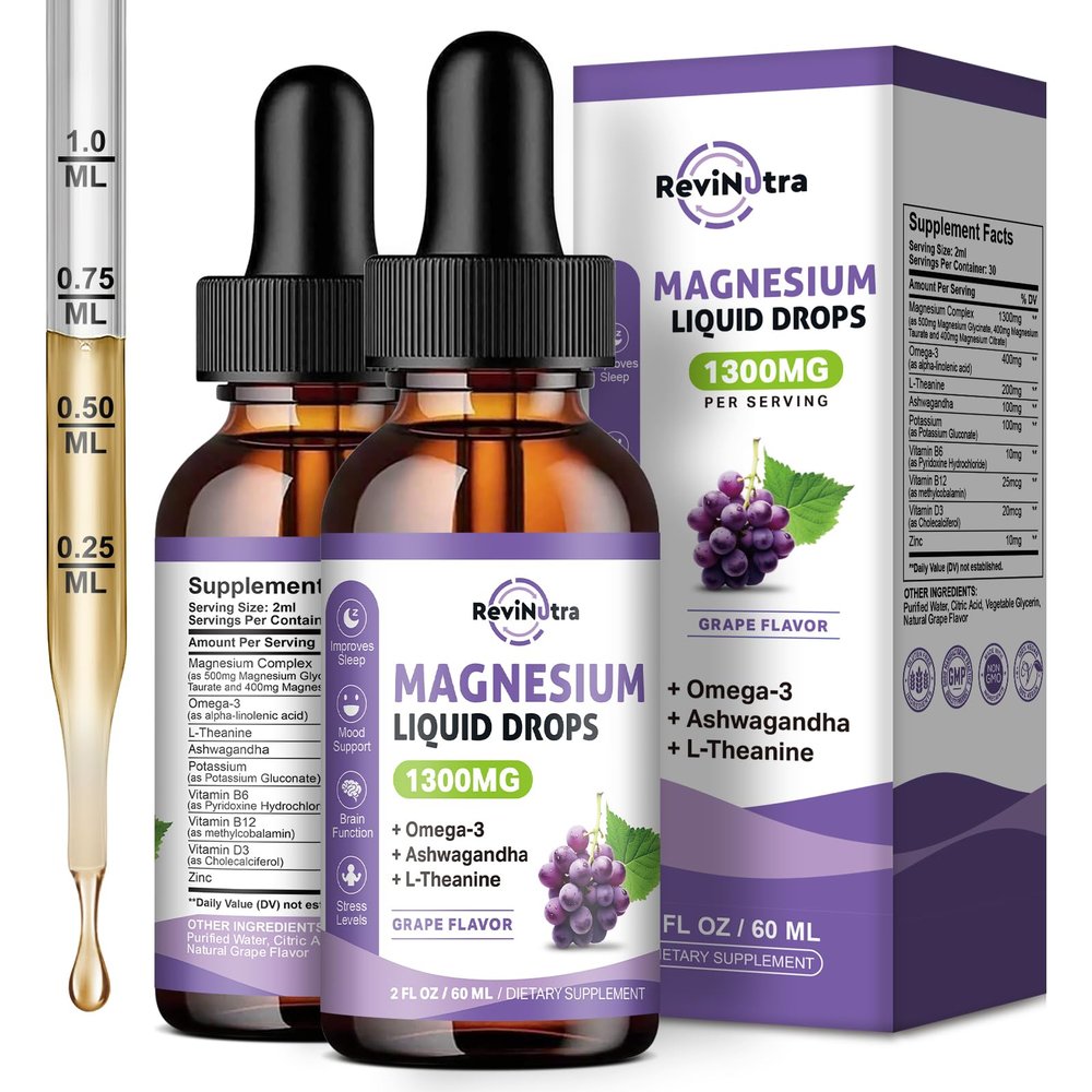 2 Pack Magnesium Liquid Drops, Calm Magnesium Glycinate Liquid Drops with Taurate & Citrate, Potassium, Omega3, L-Theanine, Ashwagandha, D3, B6, B12 for Sleep, Muscle, Heart, Sugar-Free Grape Flavor